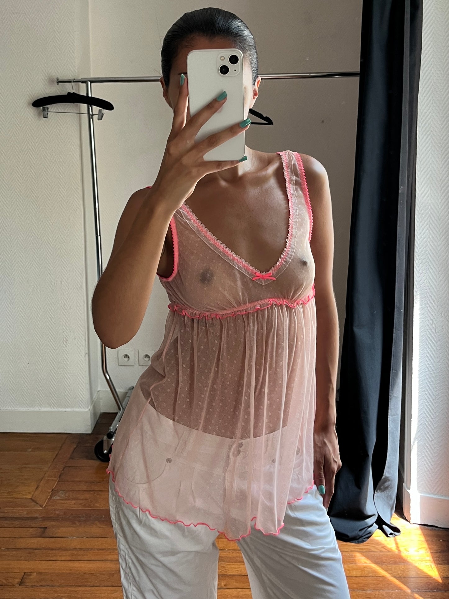 Vintage pink see-through nuisette top with bra and panties