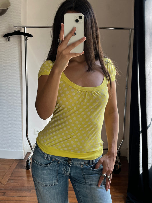 Vintage polka dot open back yellow top