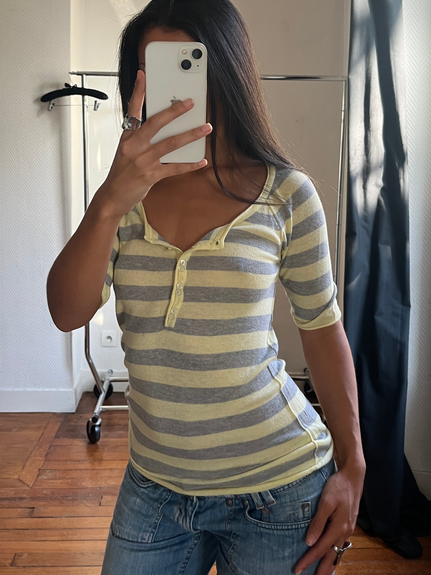 Vintage grey & yellow 3/4 knitted top