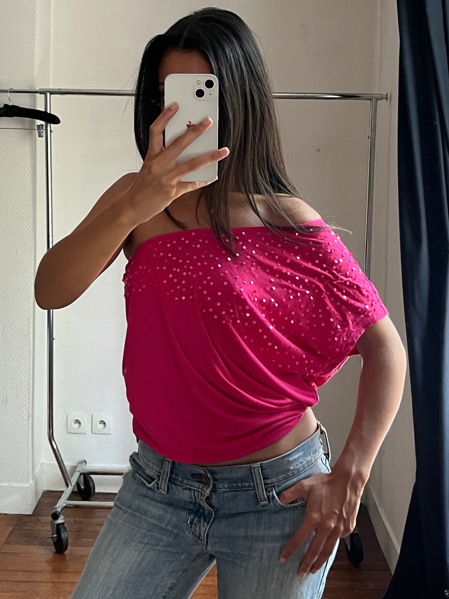 Vintage asymmetrical draped pink top