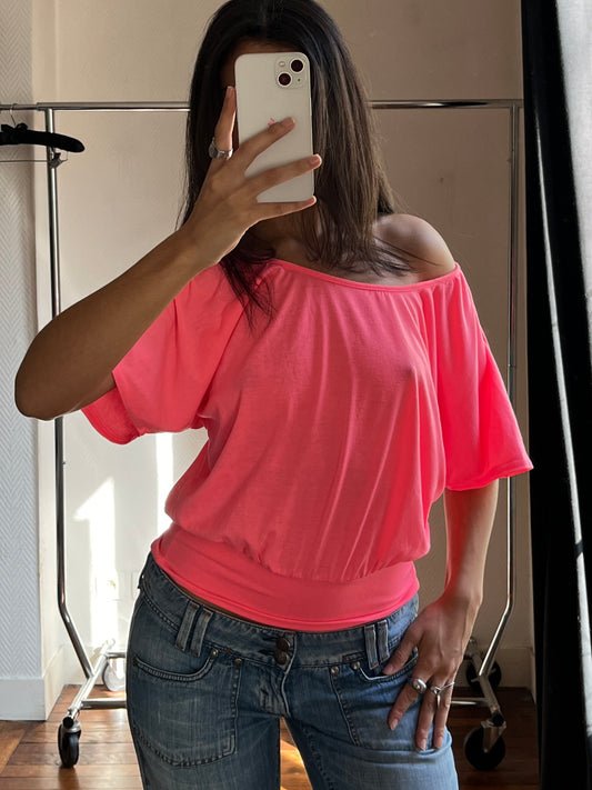 Vintage neon coral draped top