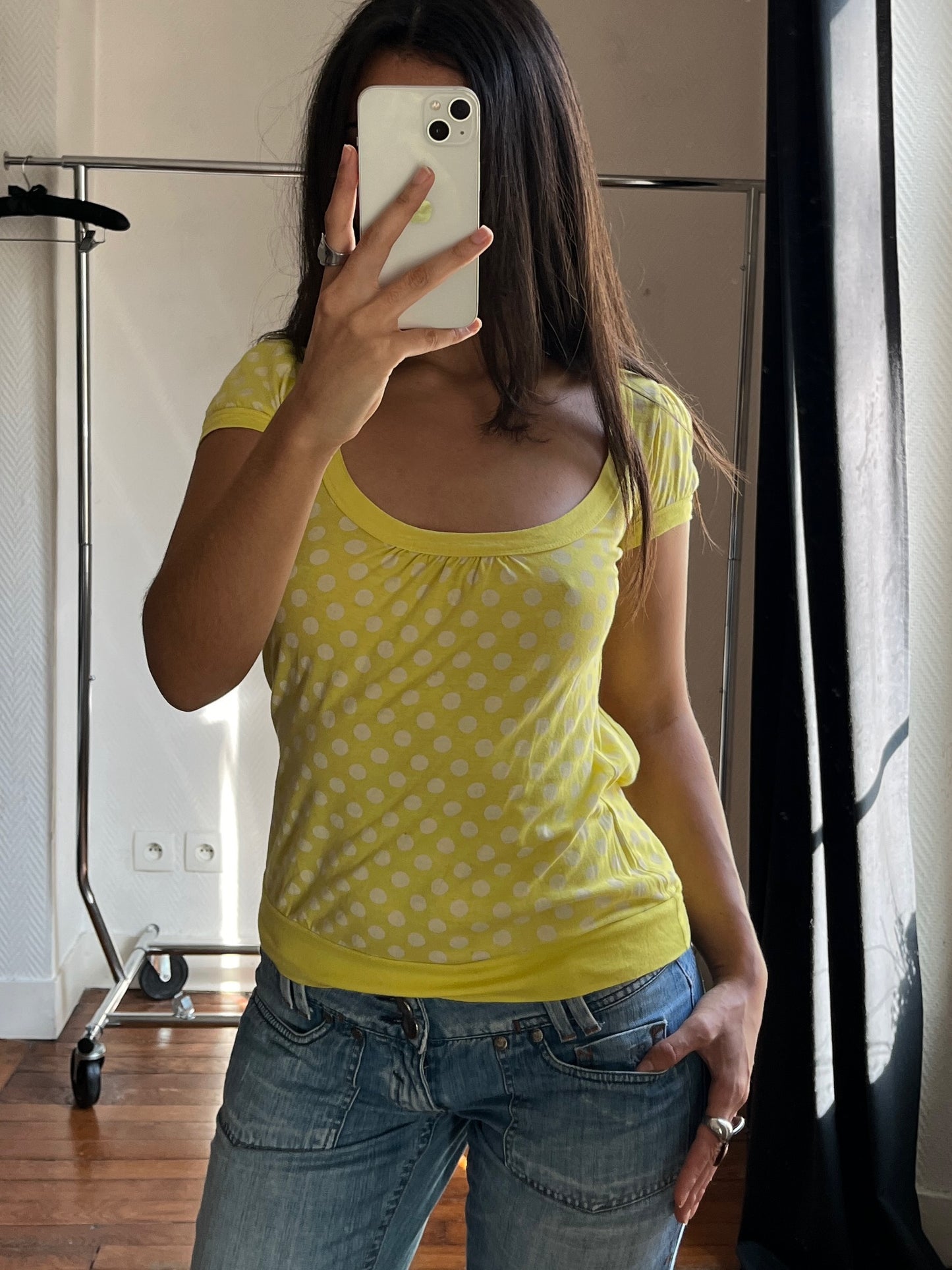 Vintage polka dot open back yellow top