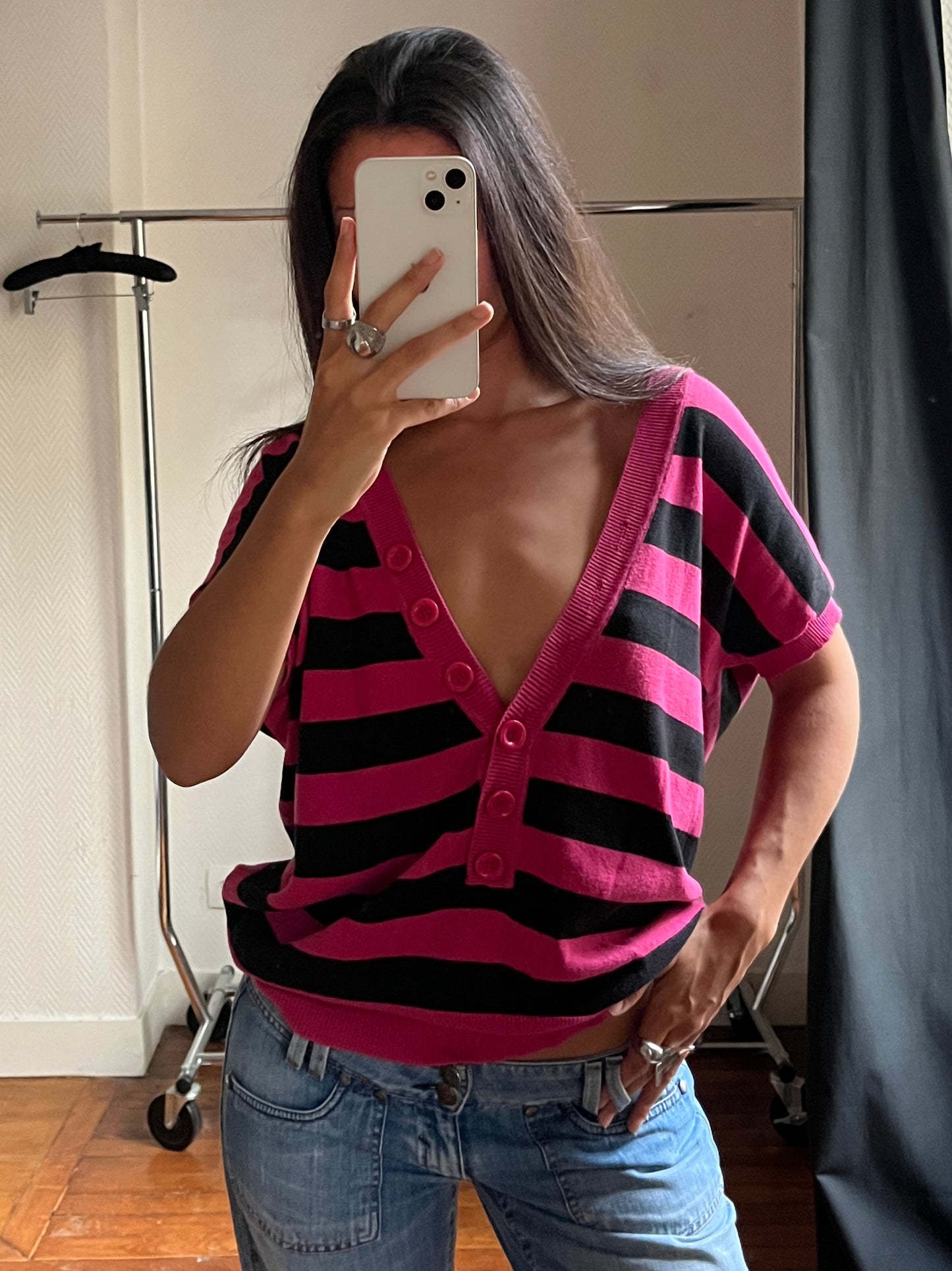 Vintage striped low V neck knitted top