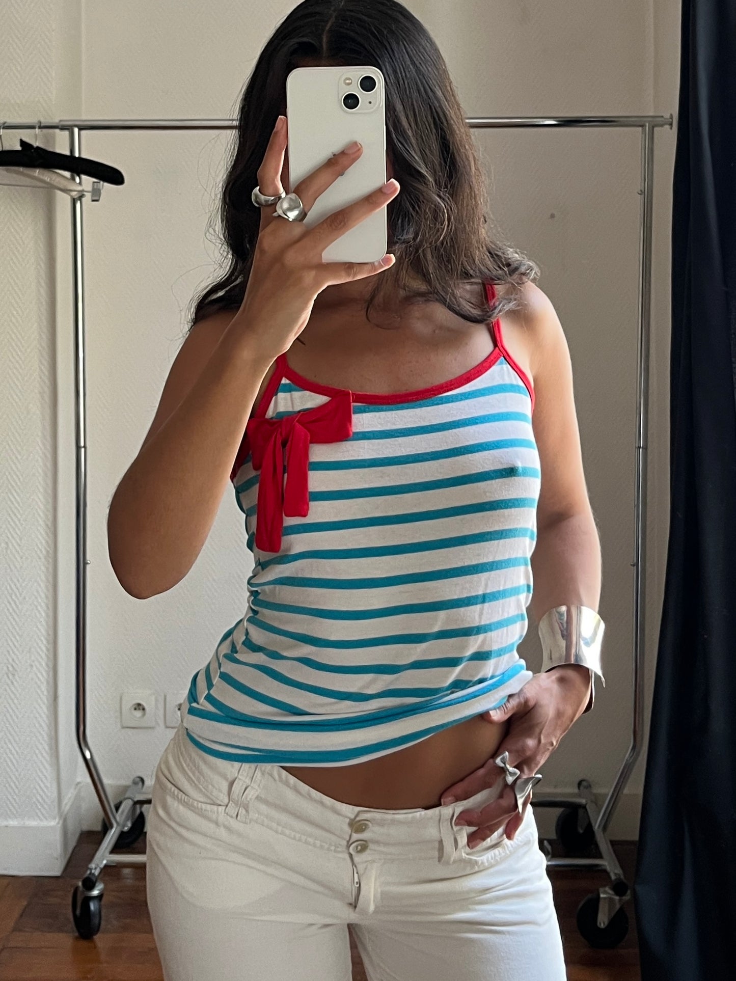 Vintage stripped white and blue with red ribbon cami top