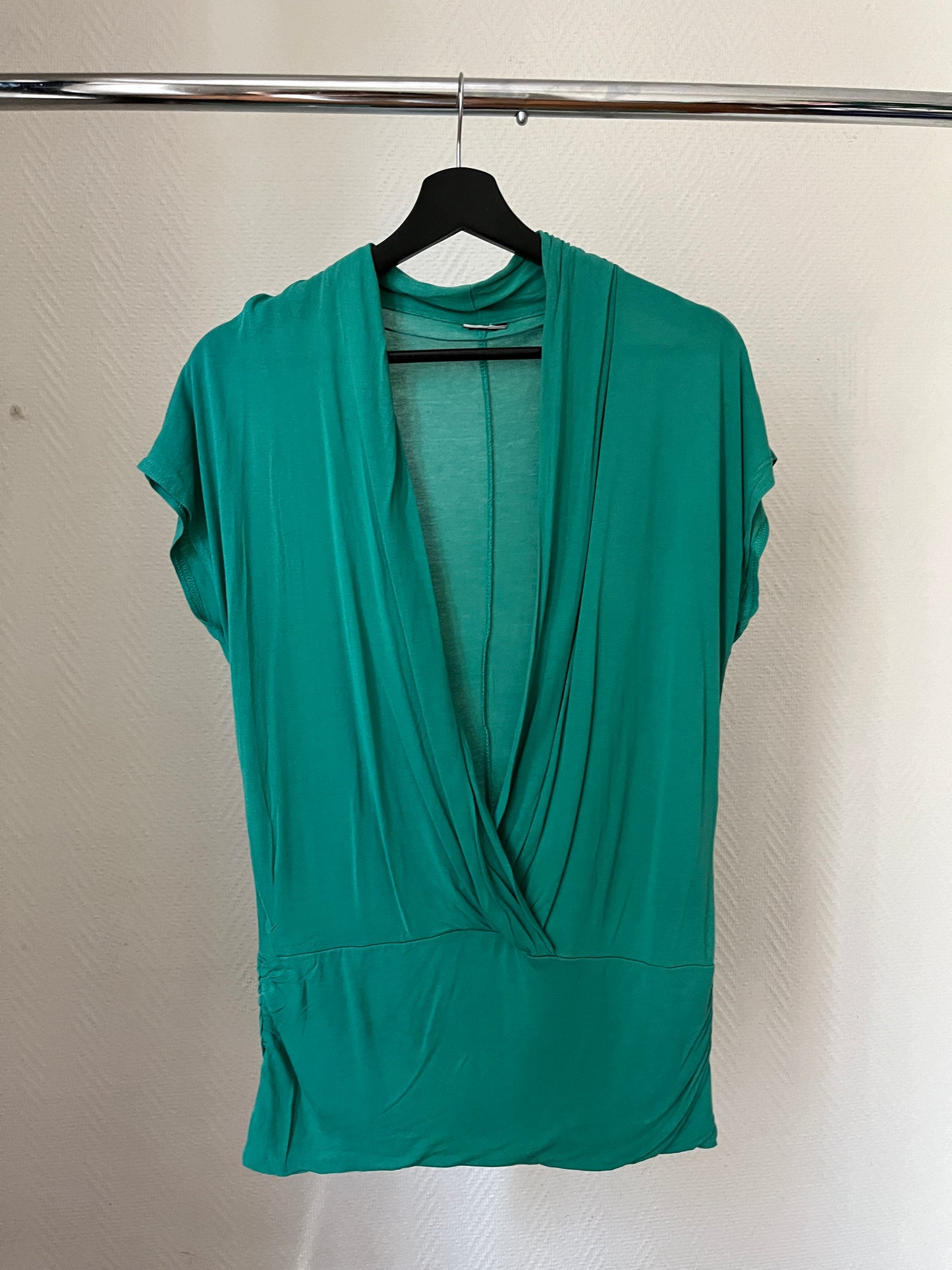 Vintage emerald draped low V neck top