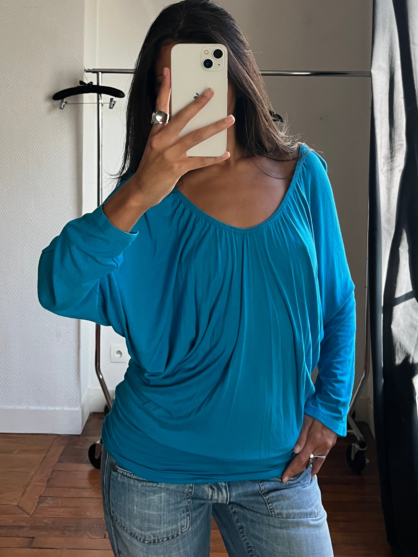 Vintage batwing draped blue top
