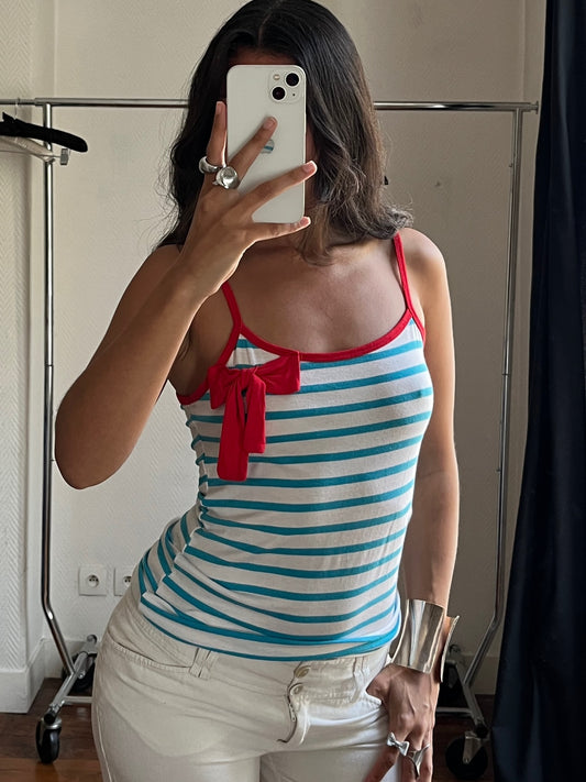 Vintage stripped white and blue with red ribbon cami top