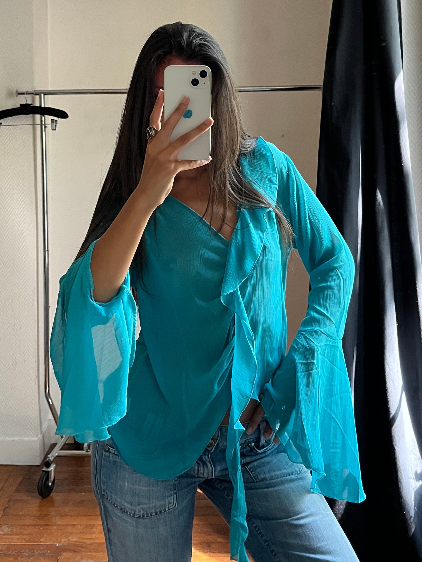 Vintage blue ruffle draped shirt