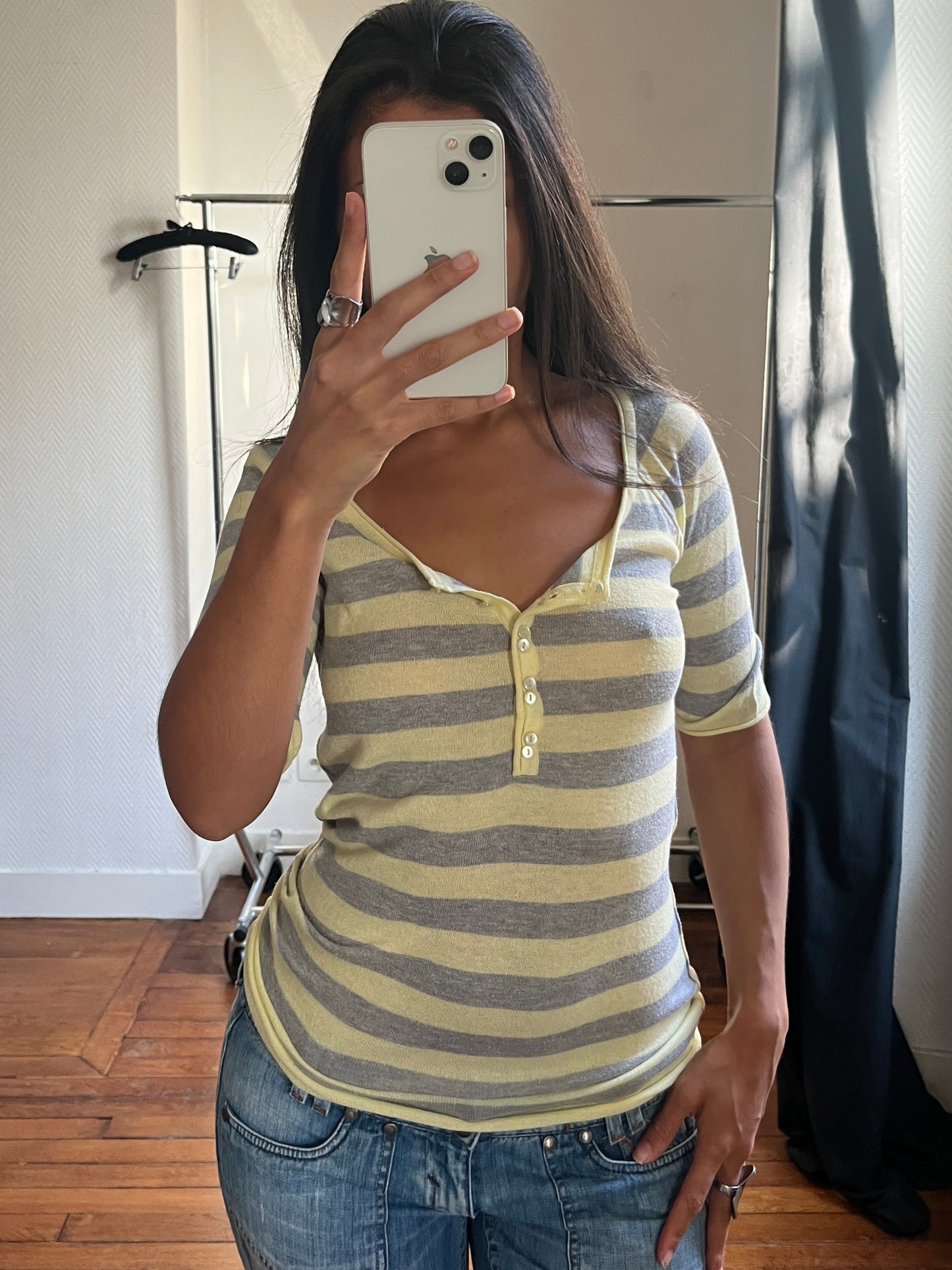 Vintage grey & yellow 3/4 knitted top