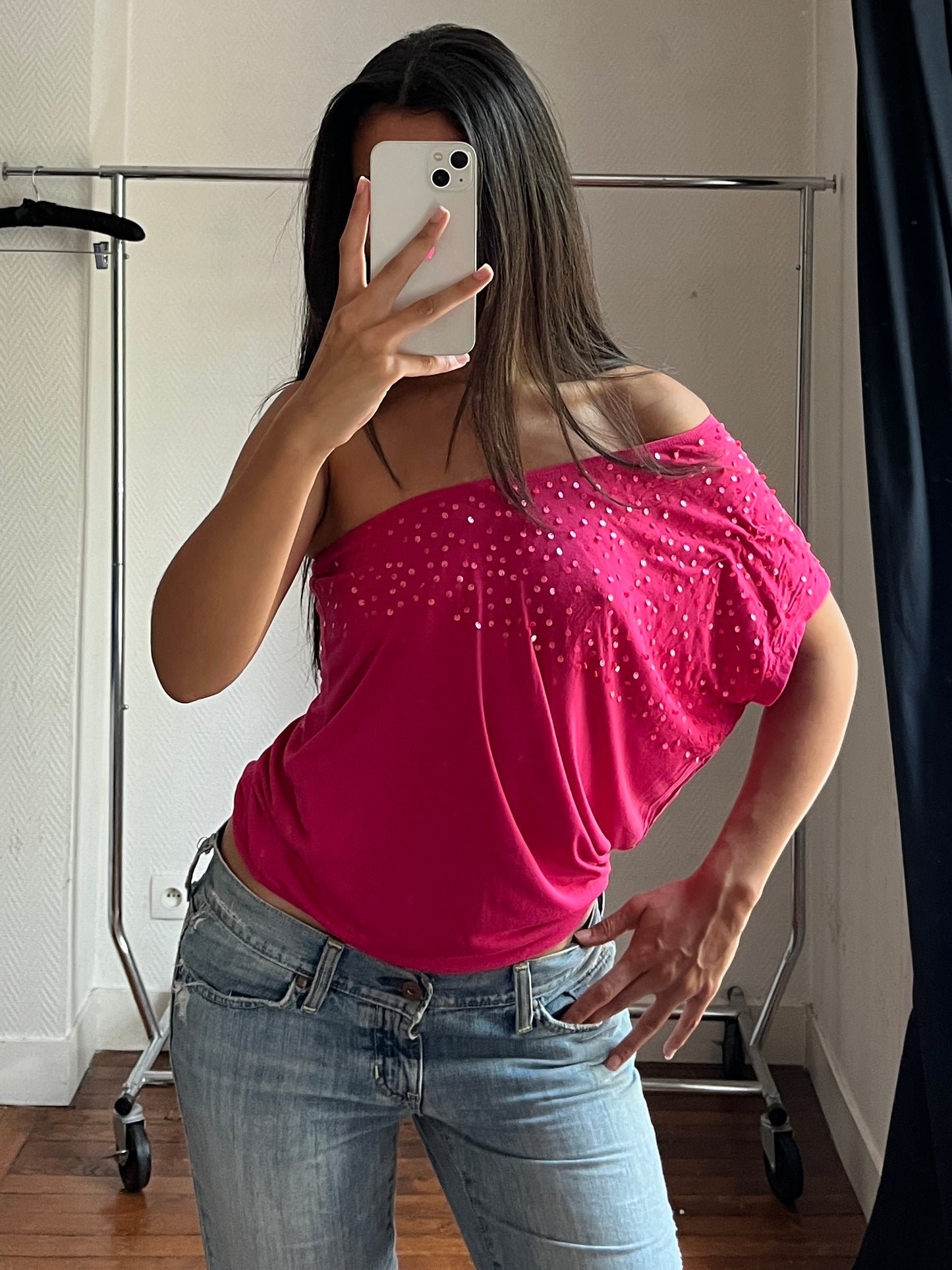 Vintage asymmetrical draped pink top
