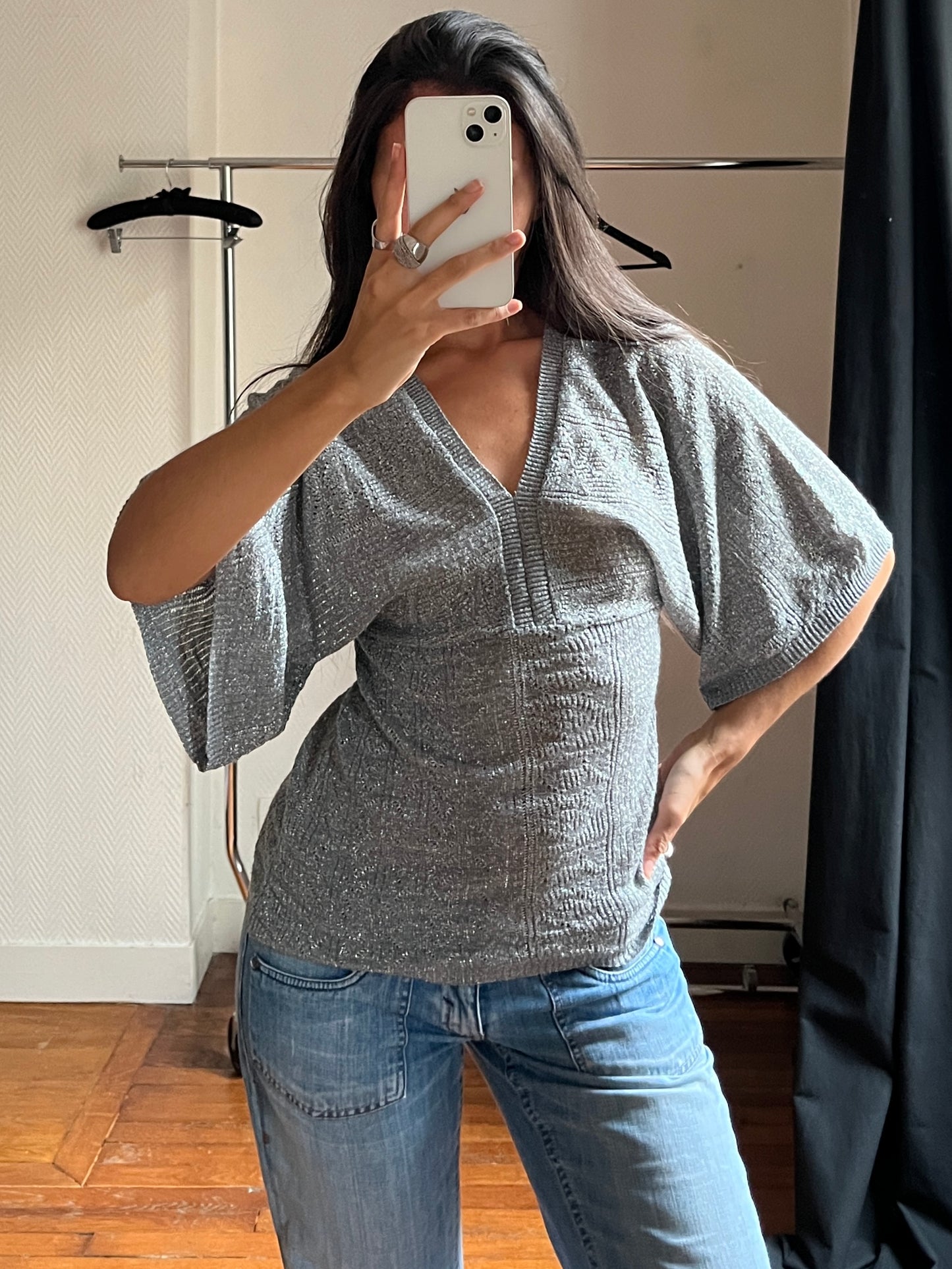 Vintage batwing grey sparkling top