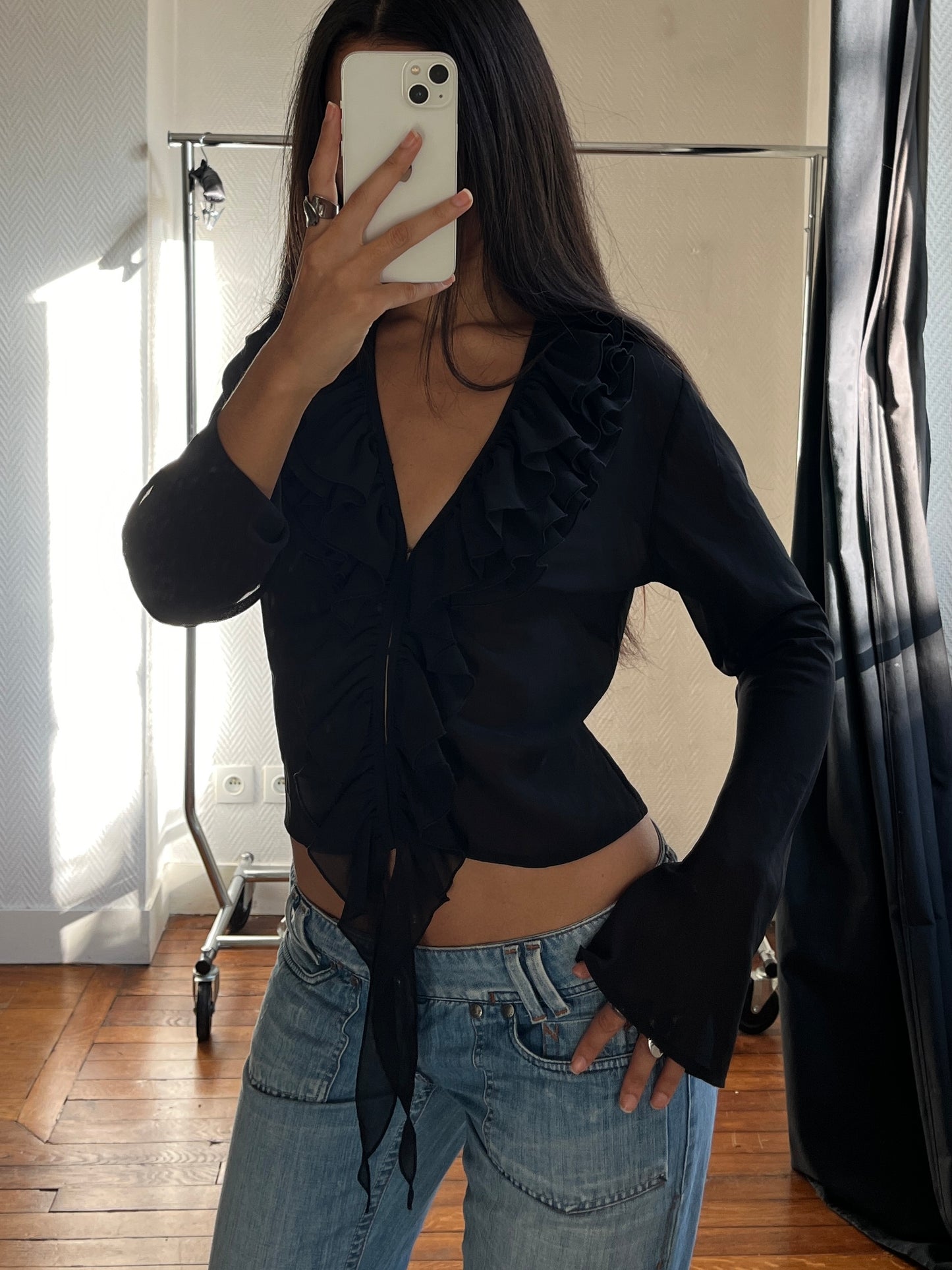 Vintage black ruched blouse