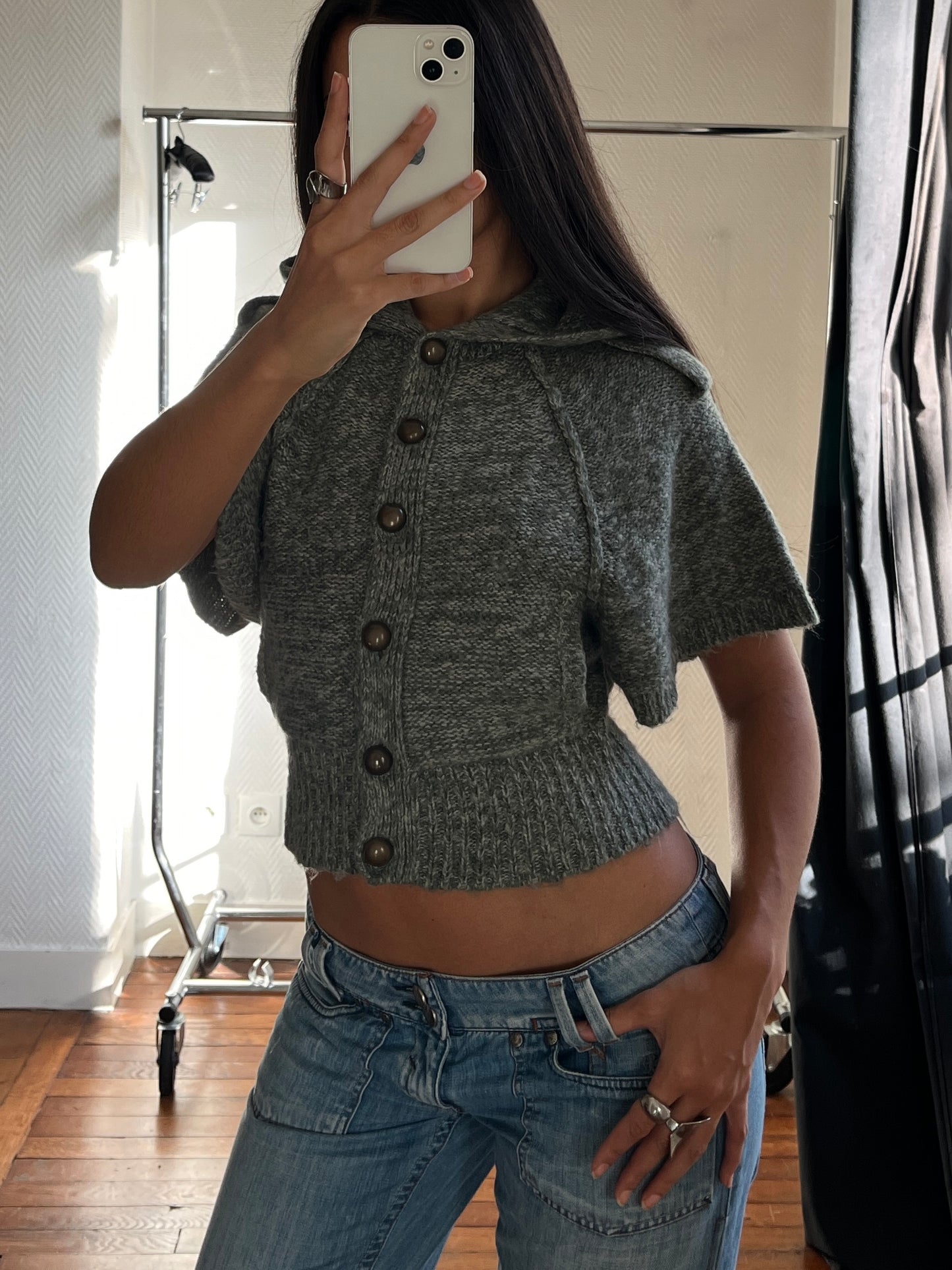 Vintage hooded knitted short buttoned top