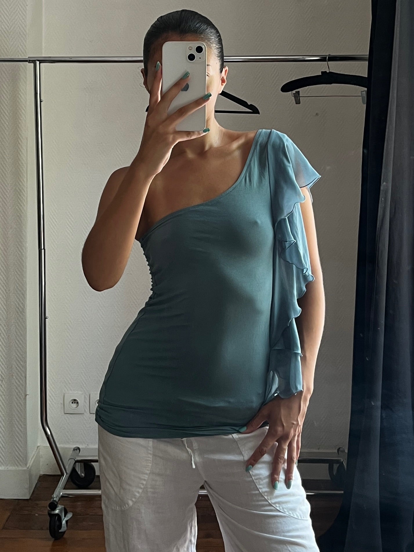 Vintage asymmetrical blue ruffled top
