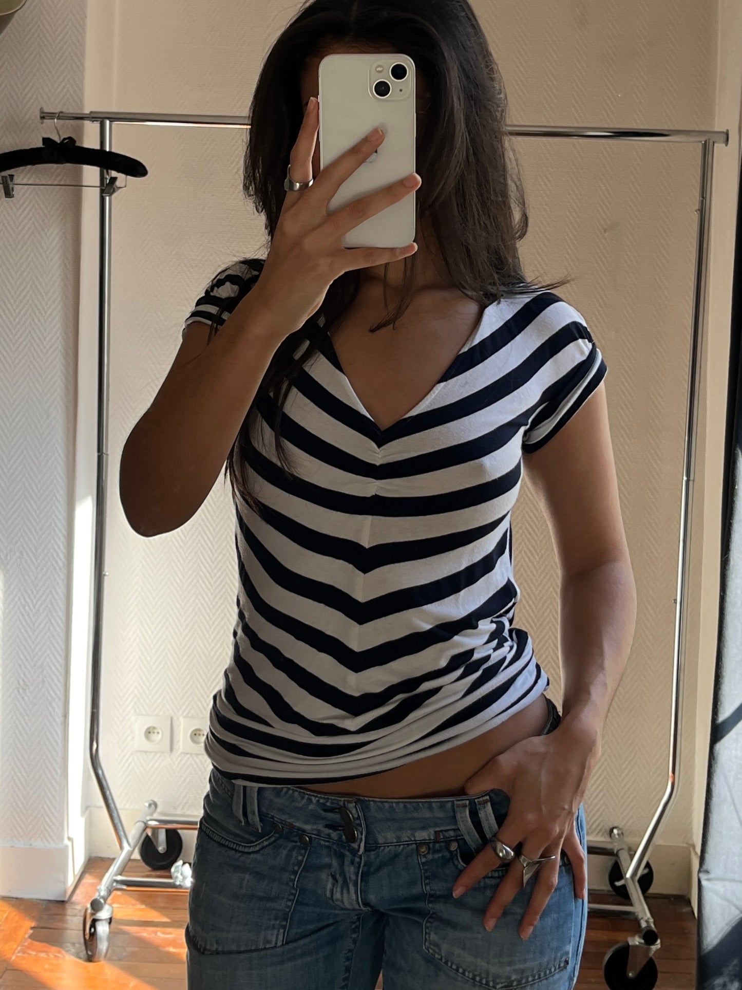 Vintage striped V neck draped top