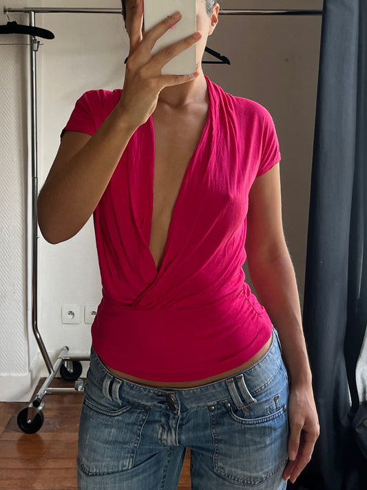 Vintage pink V neck draped top