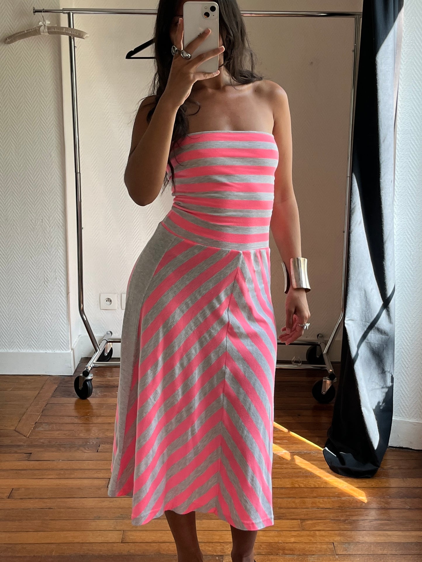 Vintage long neon pink & grey bustier dress