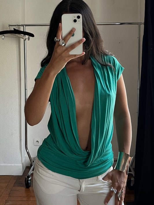 Vintage emerald draped low V neck top