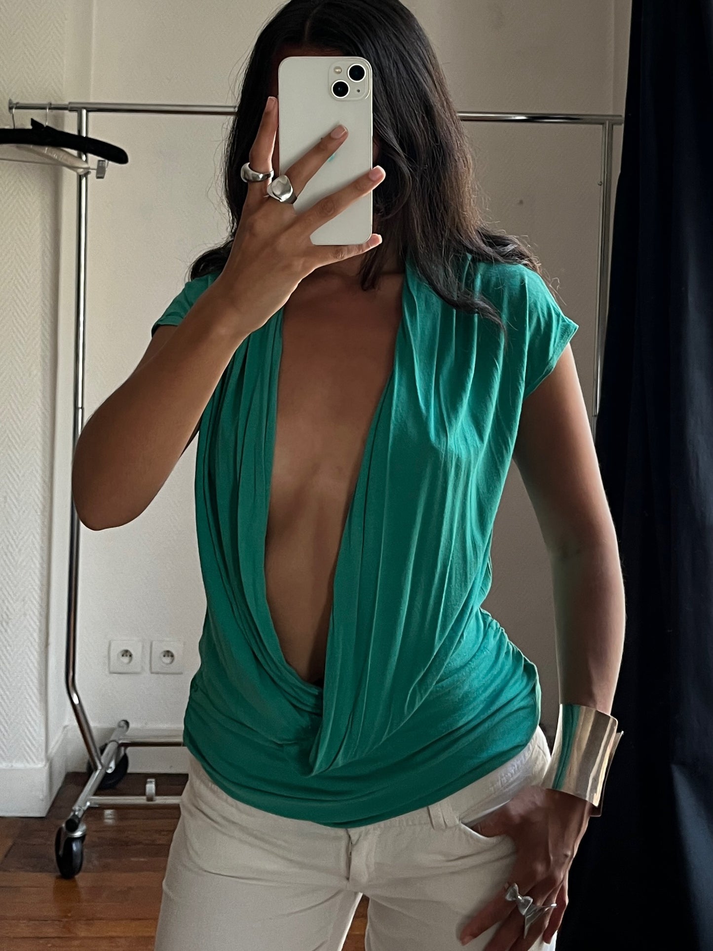Vintage emerald draped low V neck top
