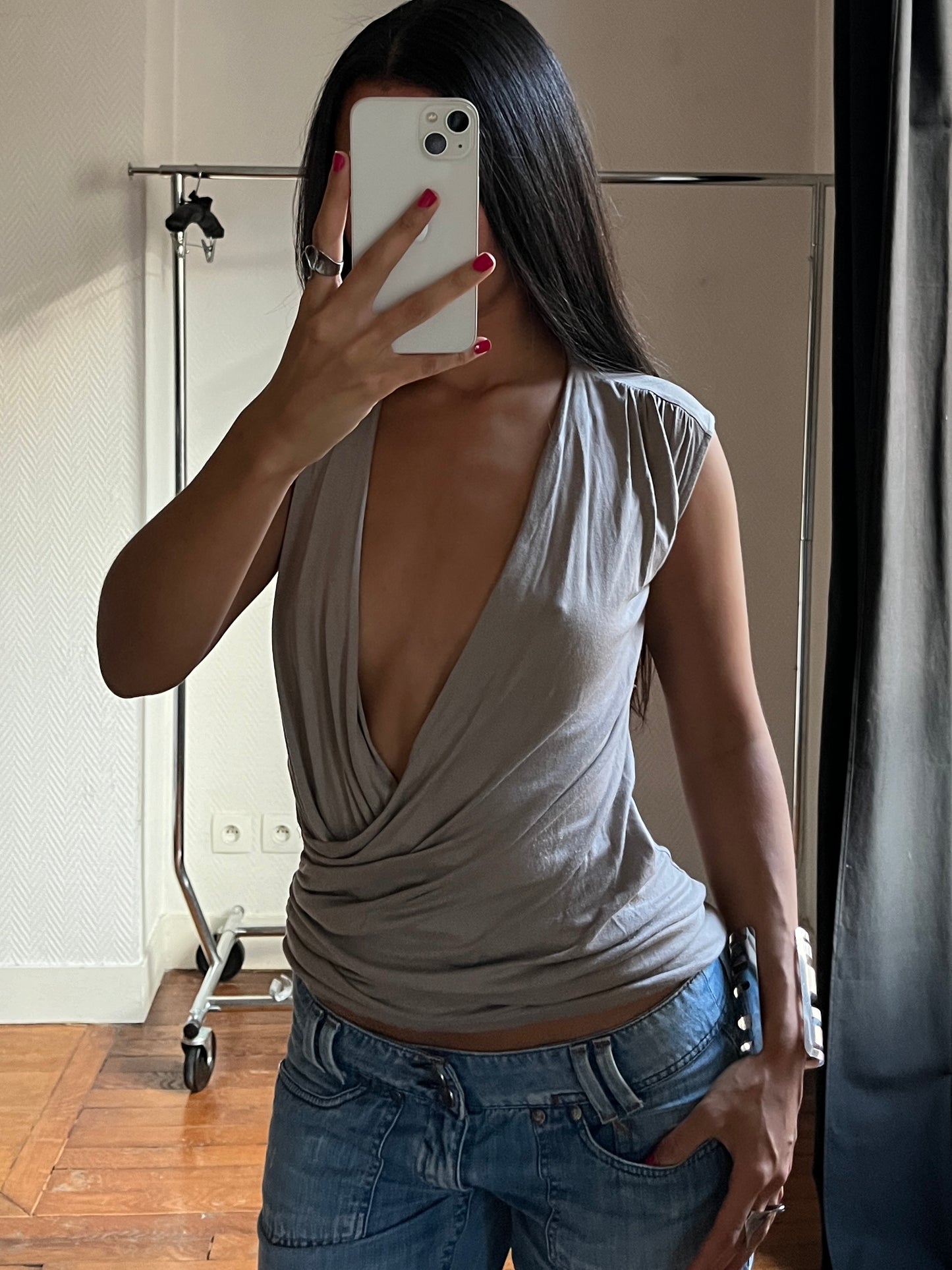 Vintage grey low V neck top