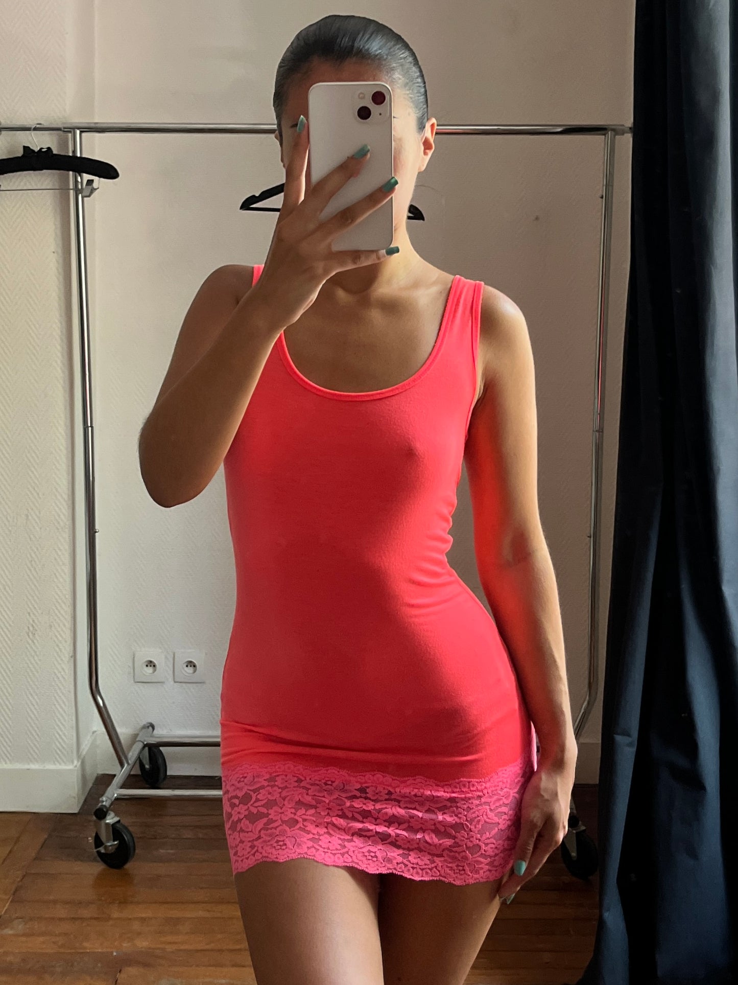 Vintage neon pink & lace mini dress