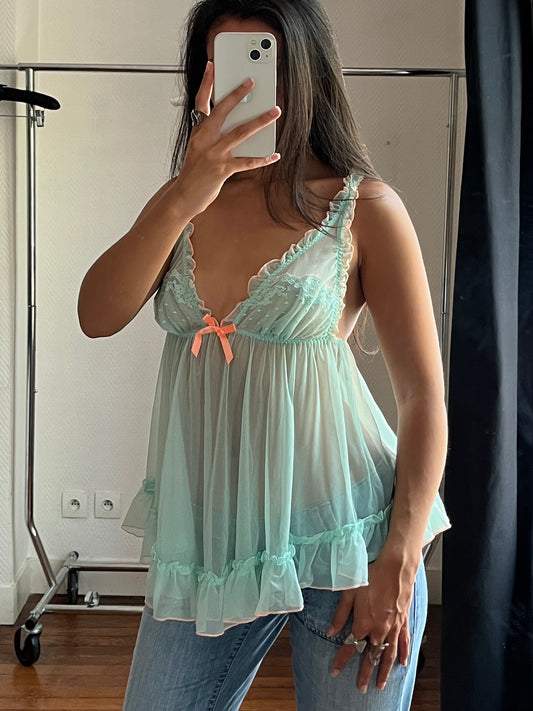 Vintage mint & coral tulle top