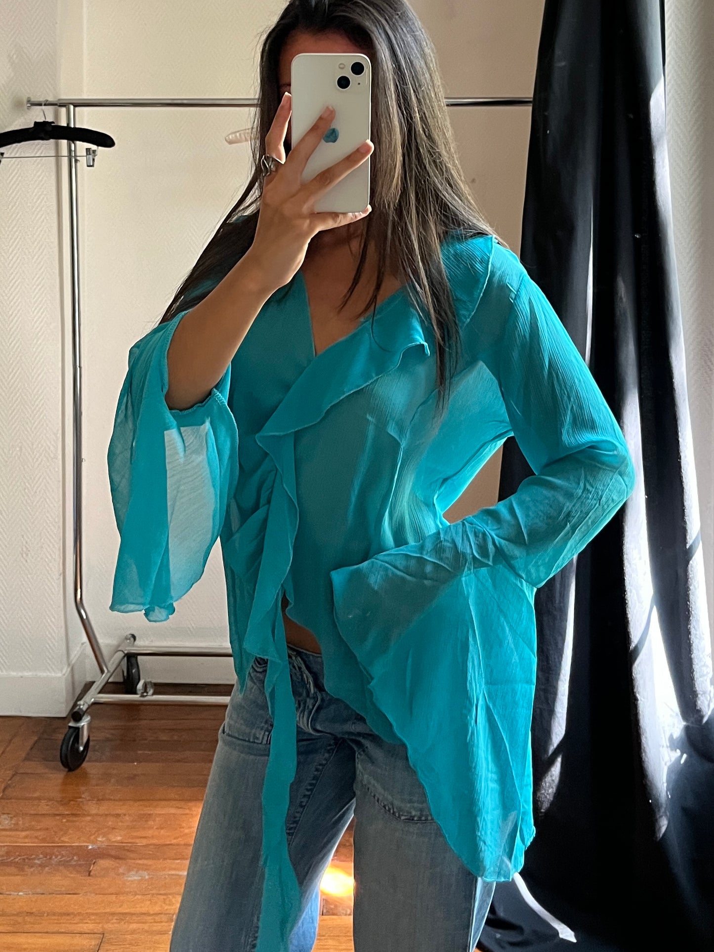 Vintage blue ruffle draped shirt