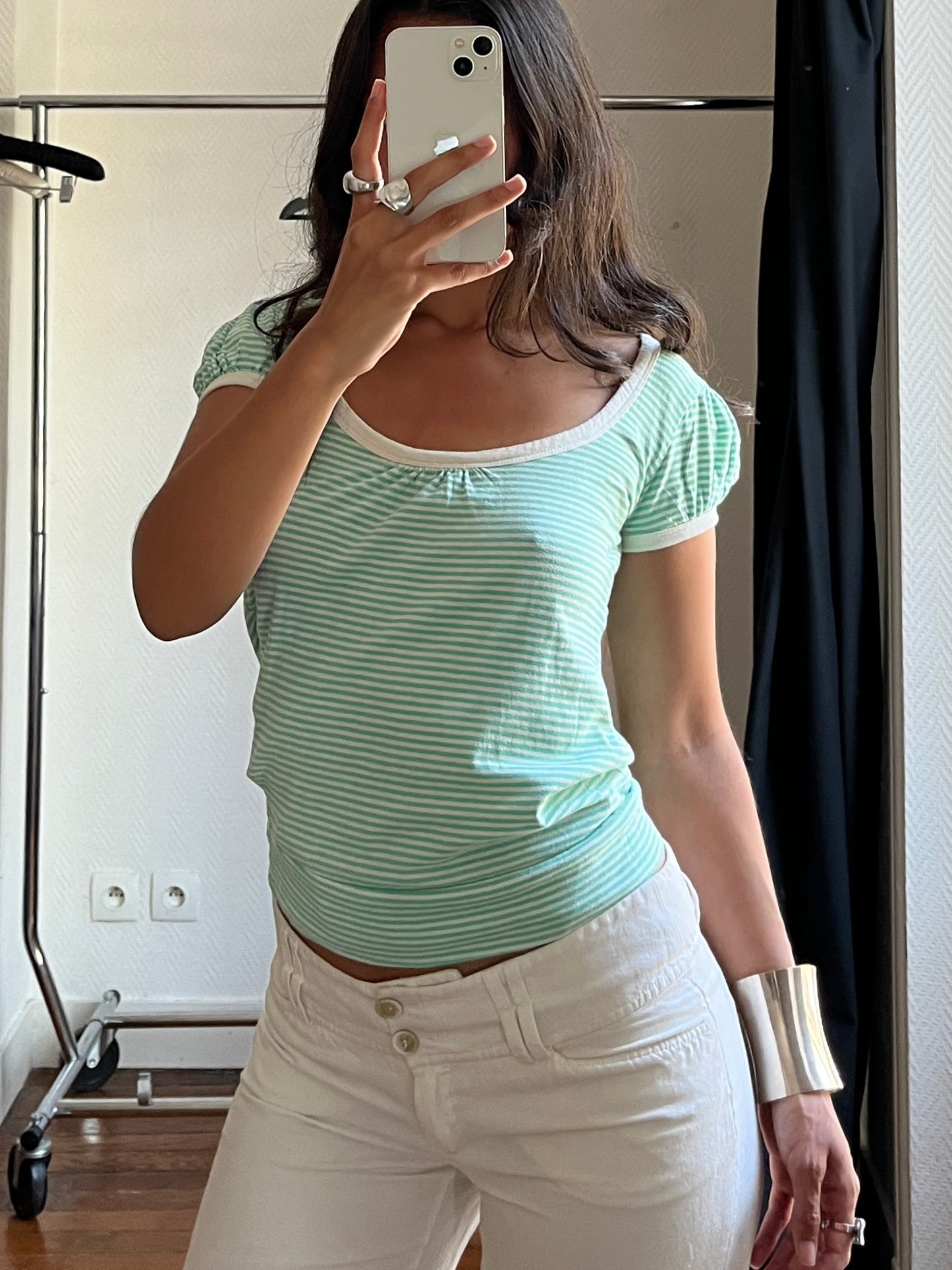 Vintage white and green striped top with open back