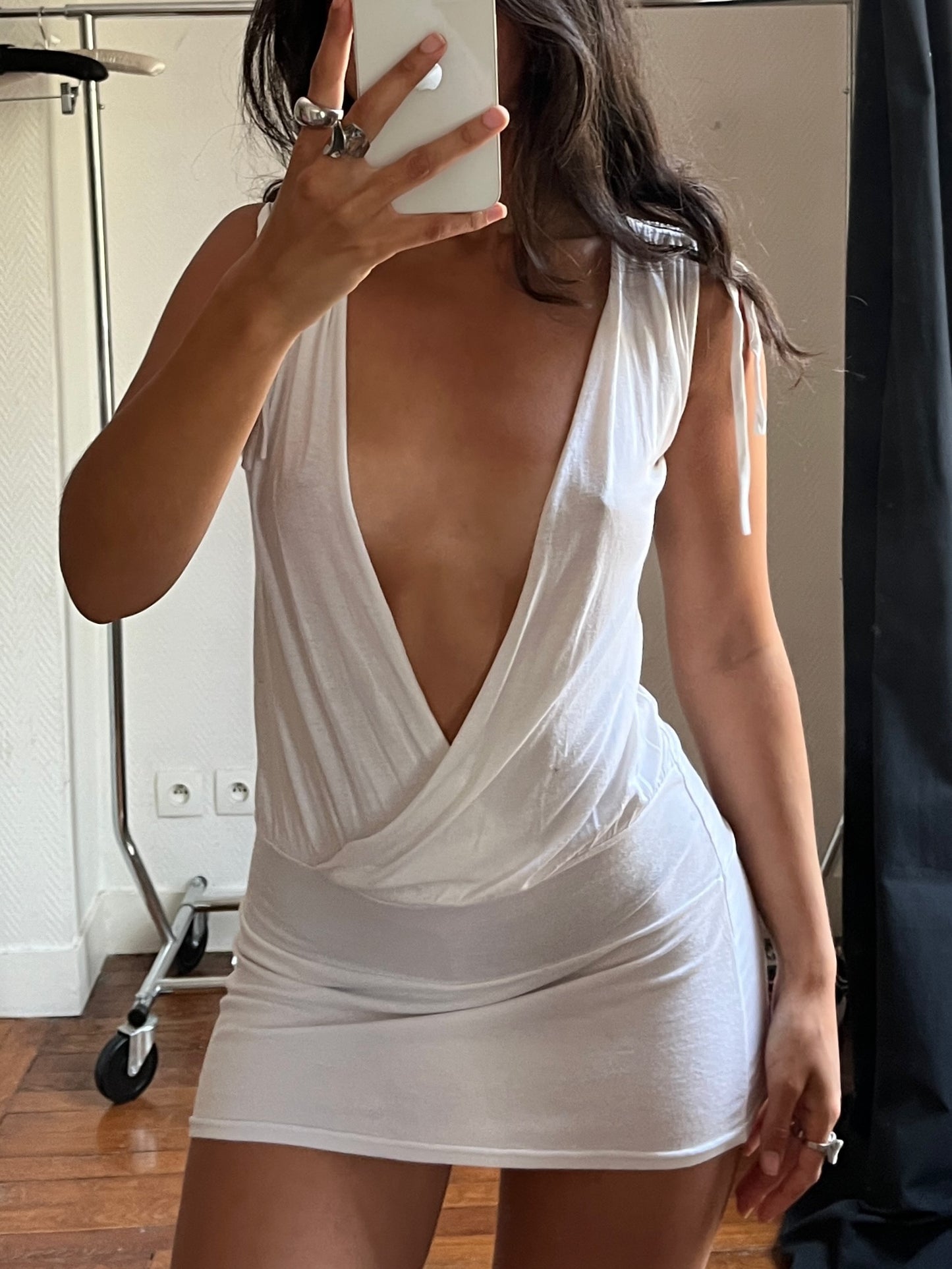 Vintage low V-neck white draped summer beach or party dress