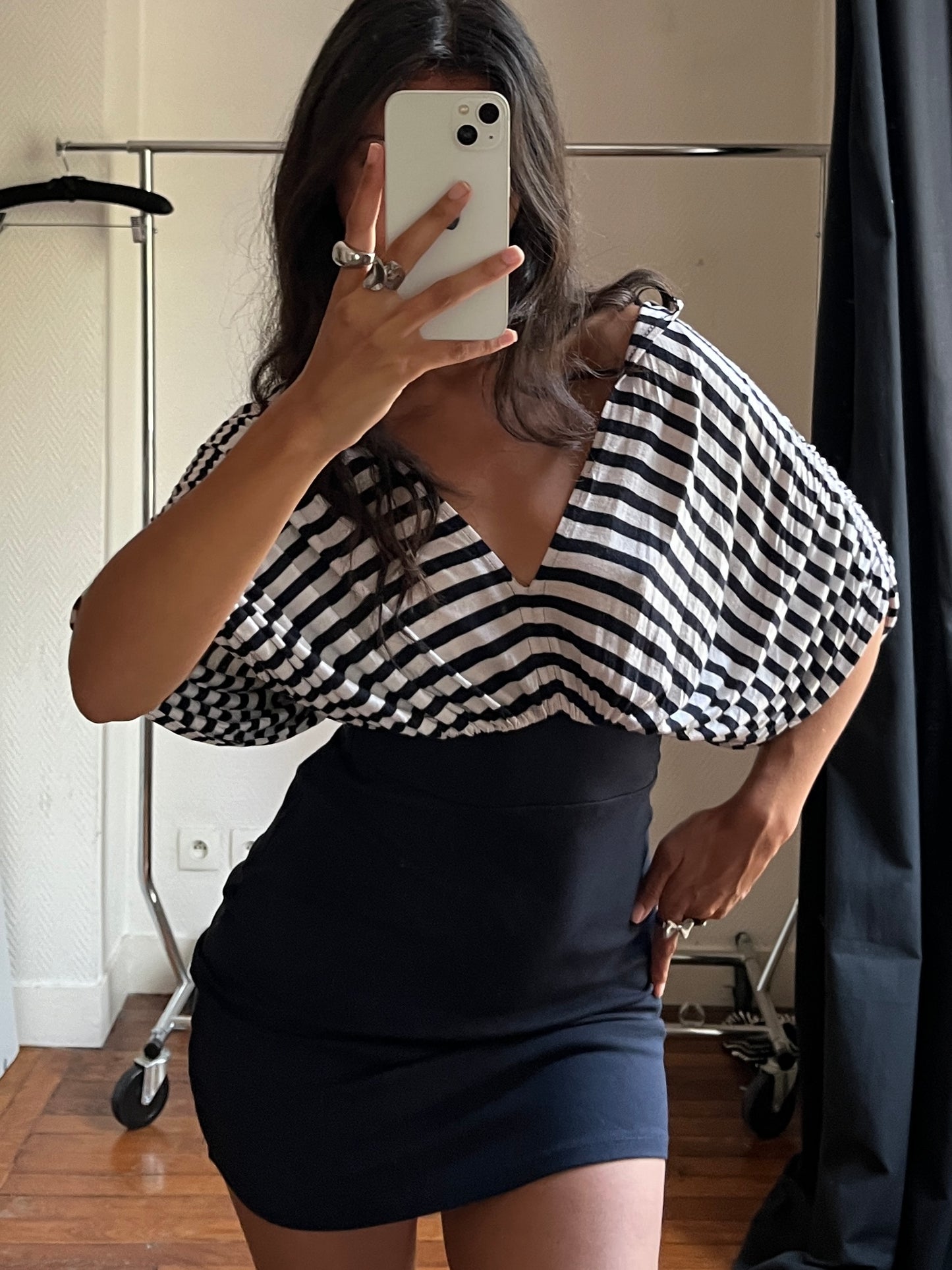 Vintage batwing stripped dark blue and white dress