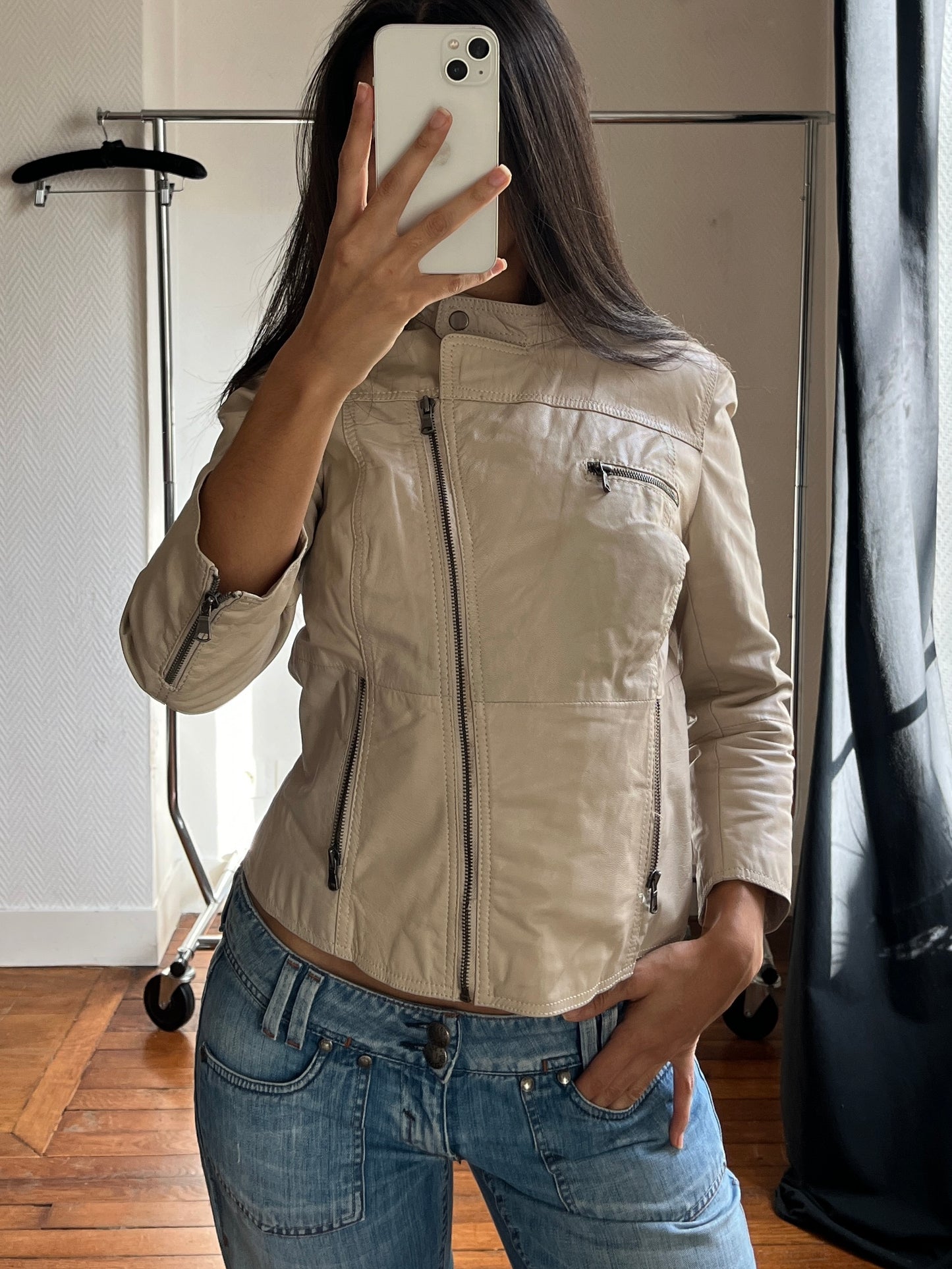 Vintage beige leather 3/4 jacket