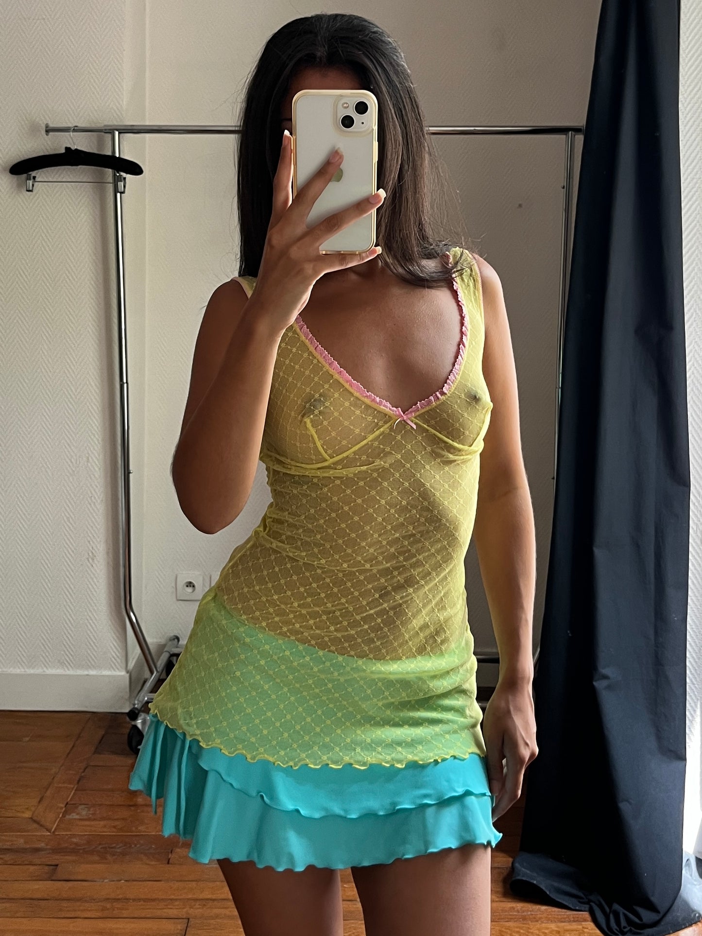 Vintage yellow see-through top/ mini nuisette