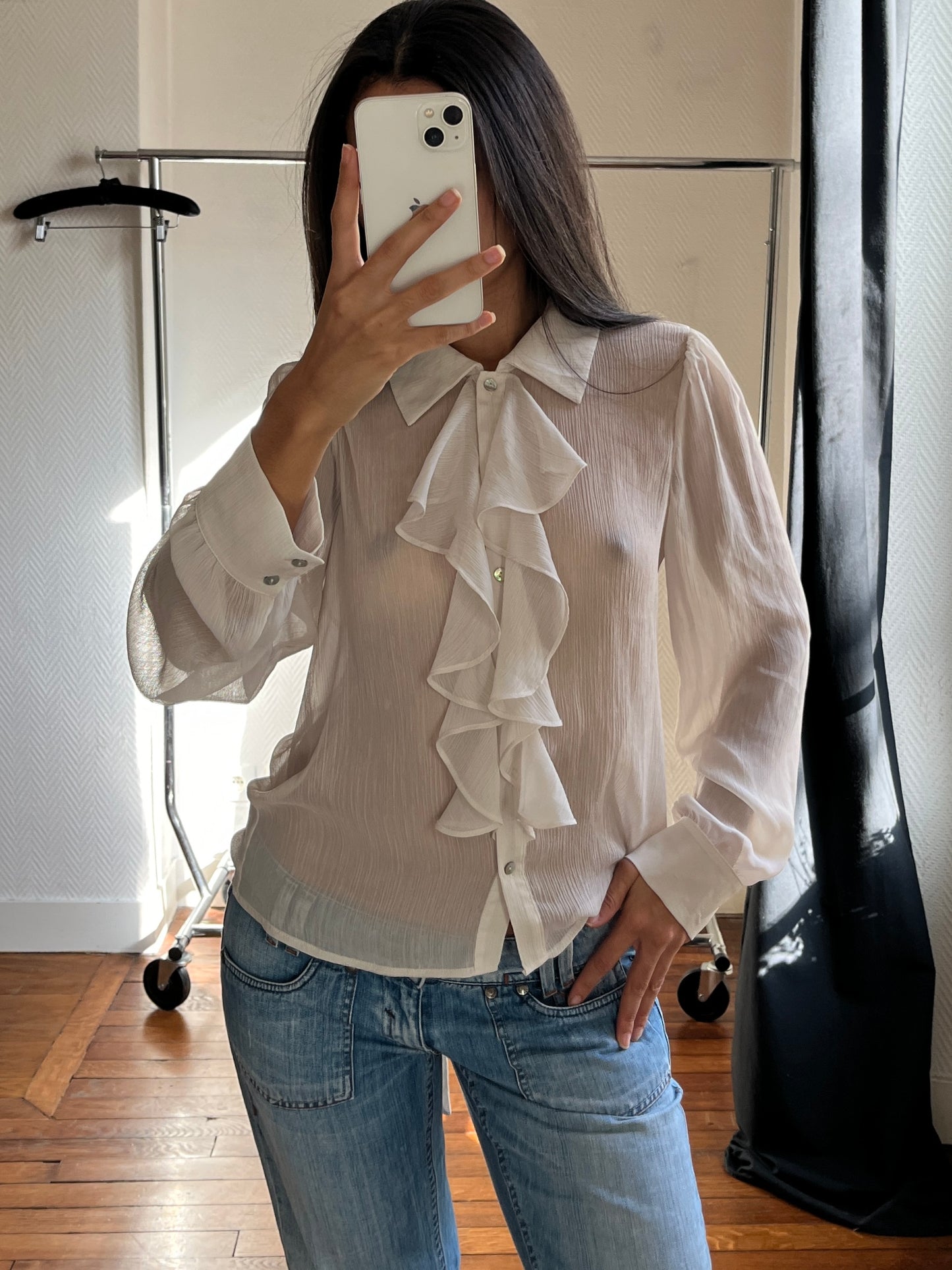 Vintage ivory see through ruched blouse