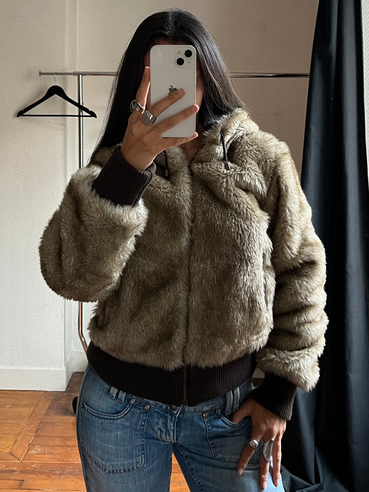 Vintage hooded faux fur zip up jacket