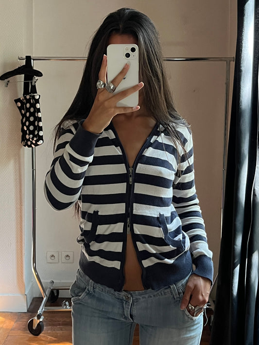 Vintage B&W striped hooded zip up jacket
