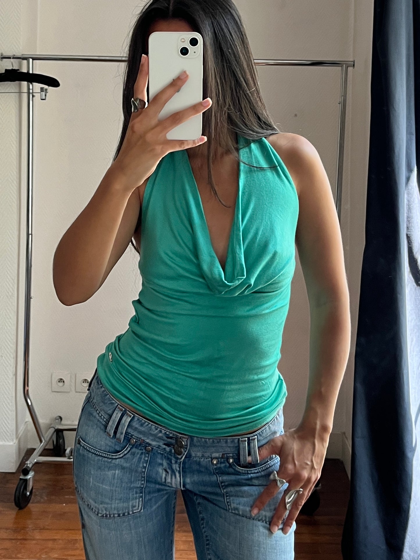 Vintage blue halter draped top
