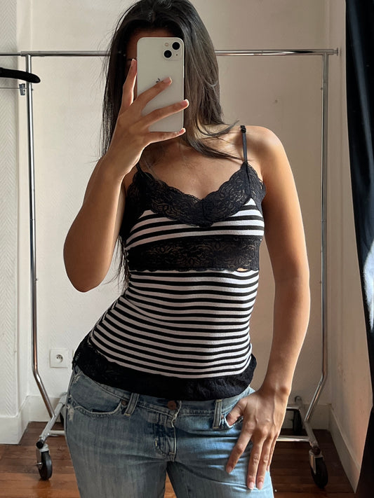 Vintage striped & lace cami top