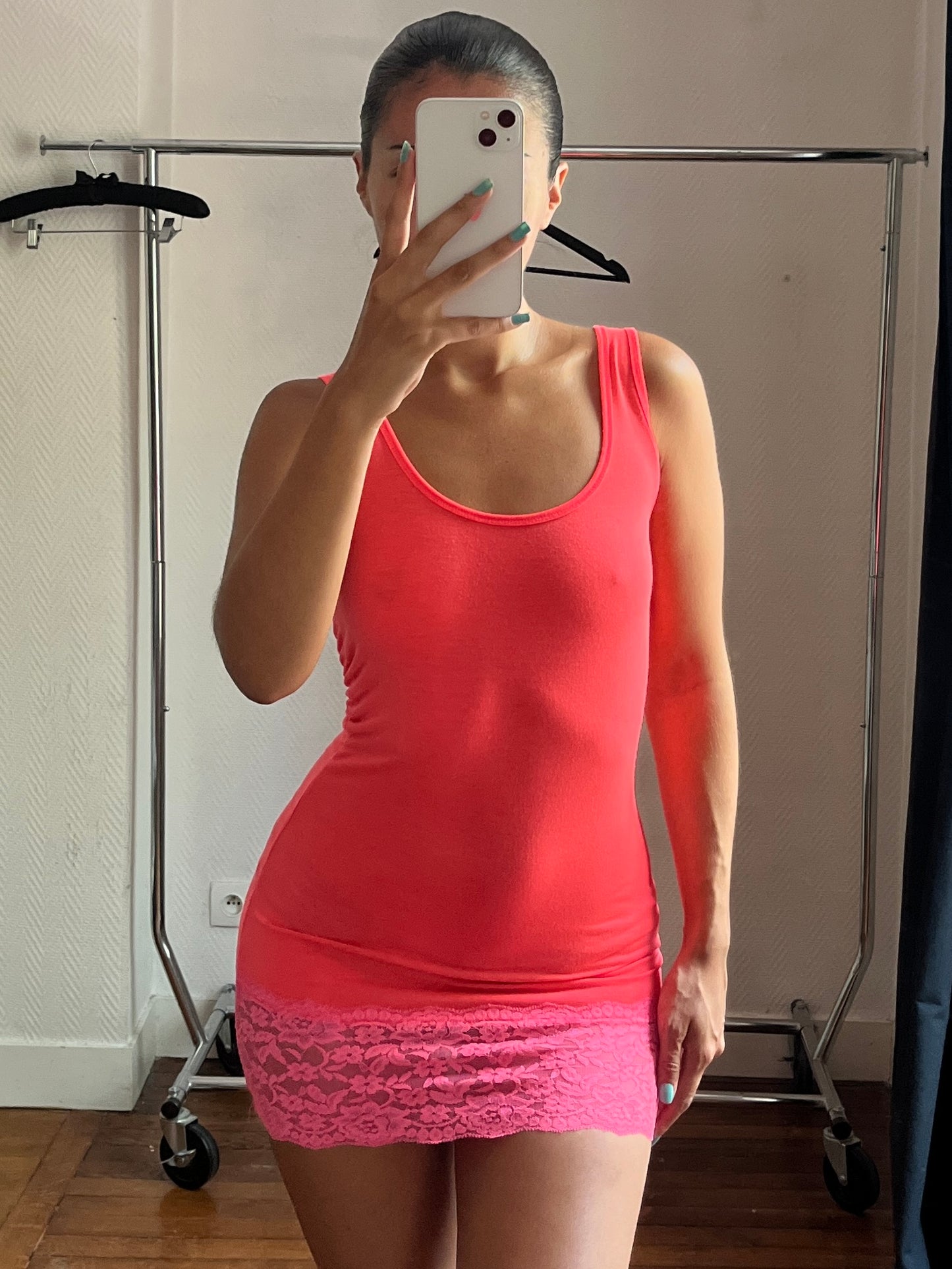 Vintage neon pink & lace mini dress