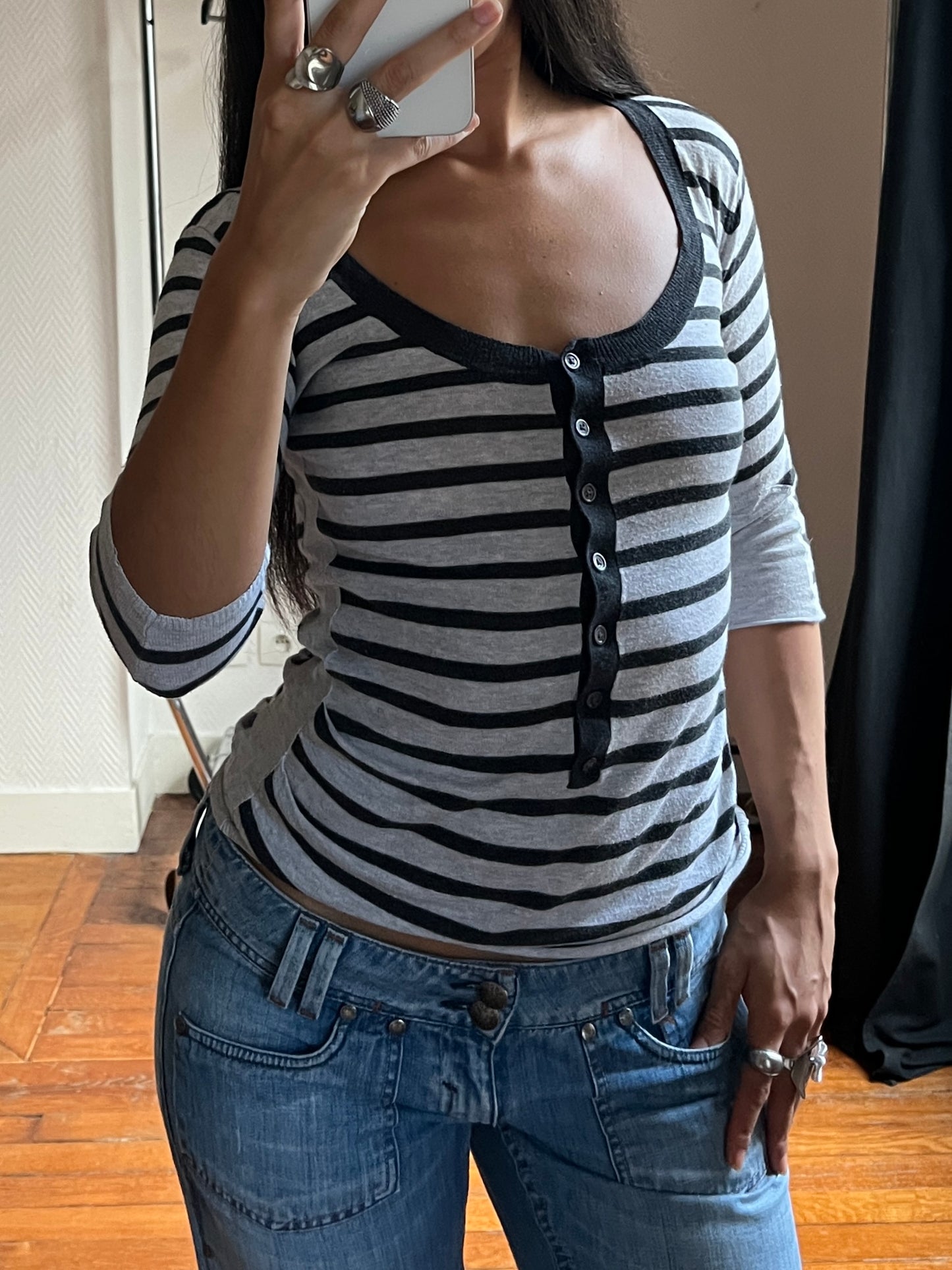 Vintage striped 3/4 buttoned top