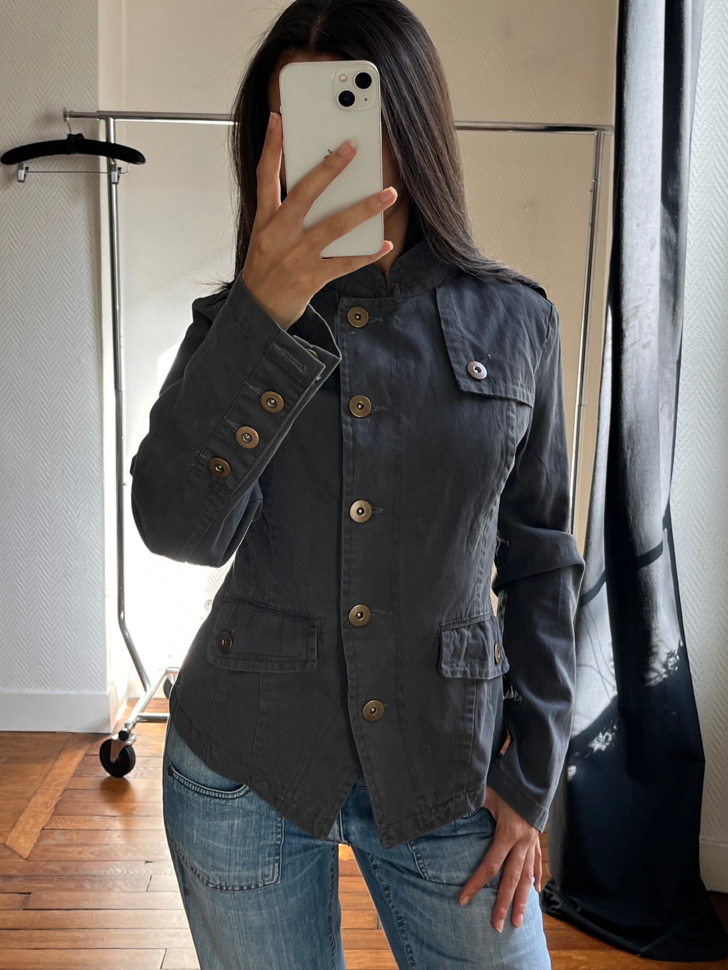 Vintage asymmetrical grey buttoned jacket