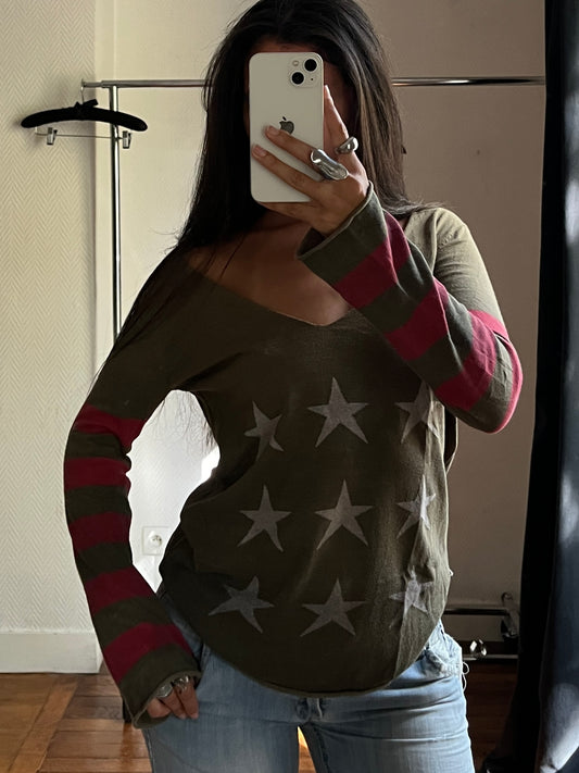 Vintage khaki stars & stripes knitted top