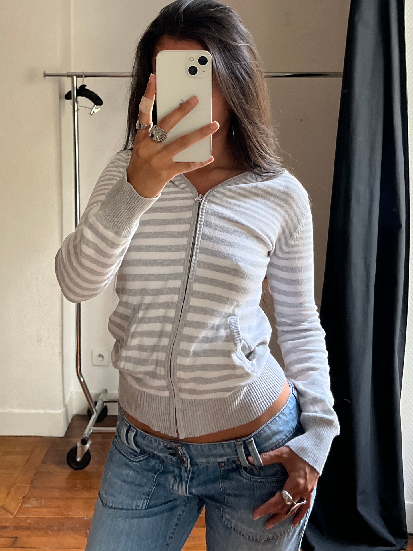 Vintage striped hooded zip up jacket
