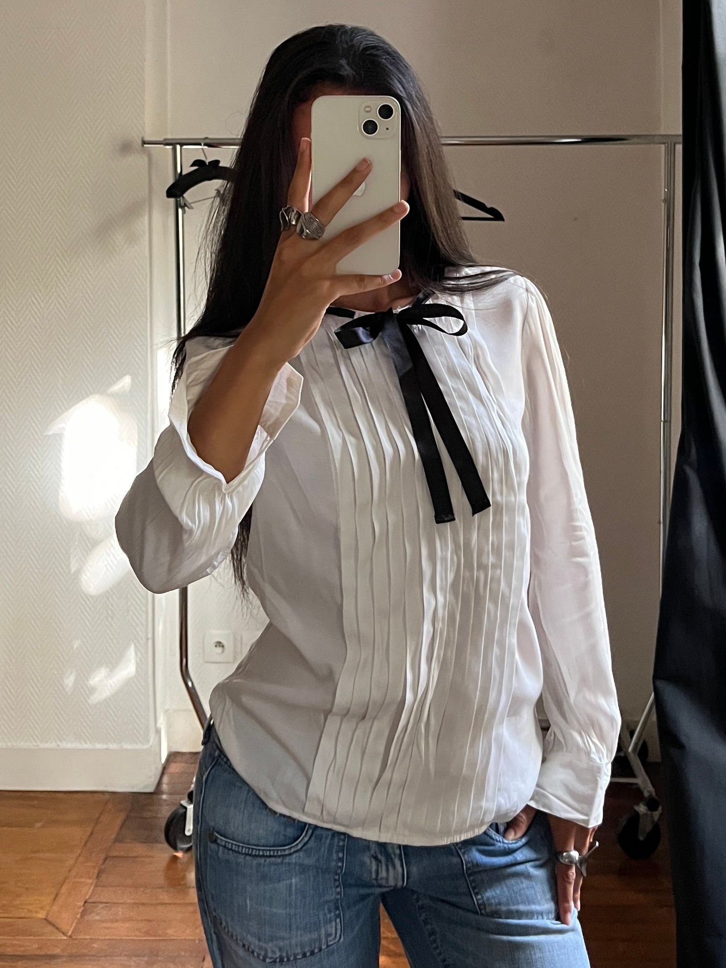 Vintage black ribbon white shirt