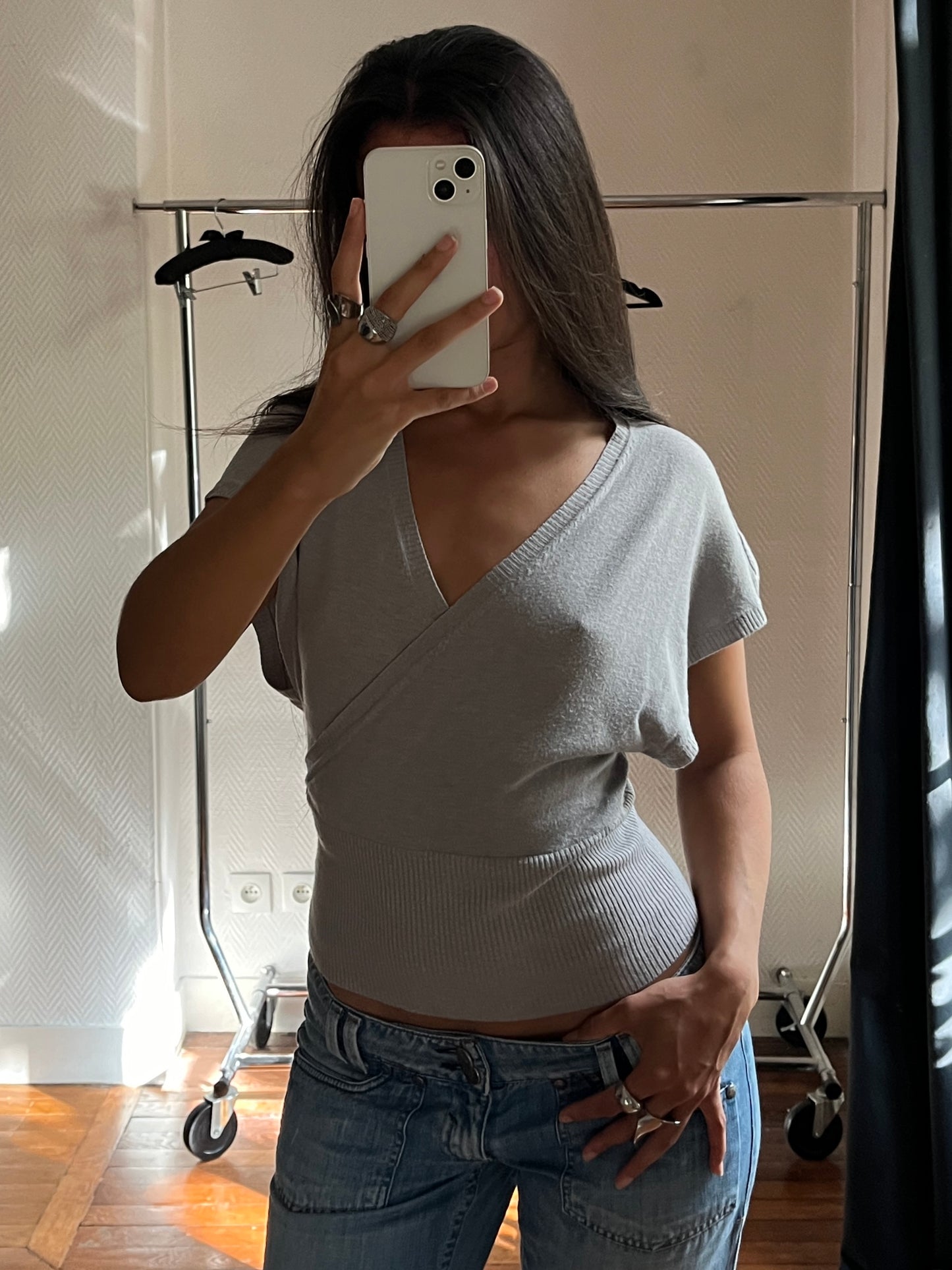 Vintage wrap up grey knitted top