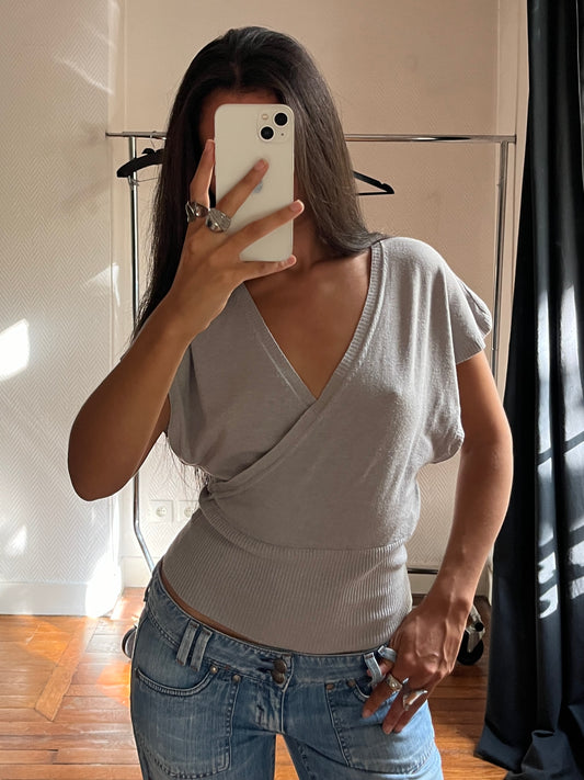 Vintage wrap up grey knitted top