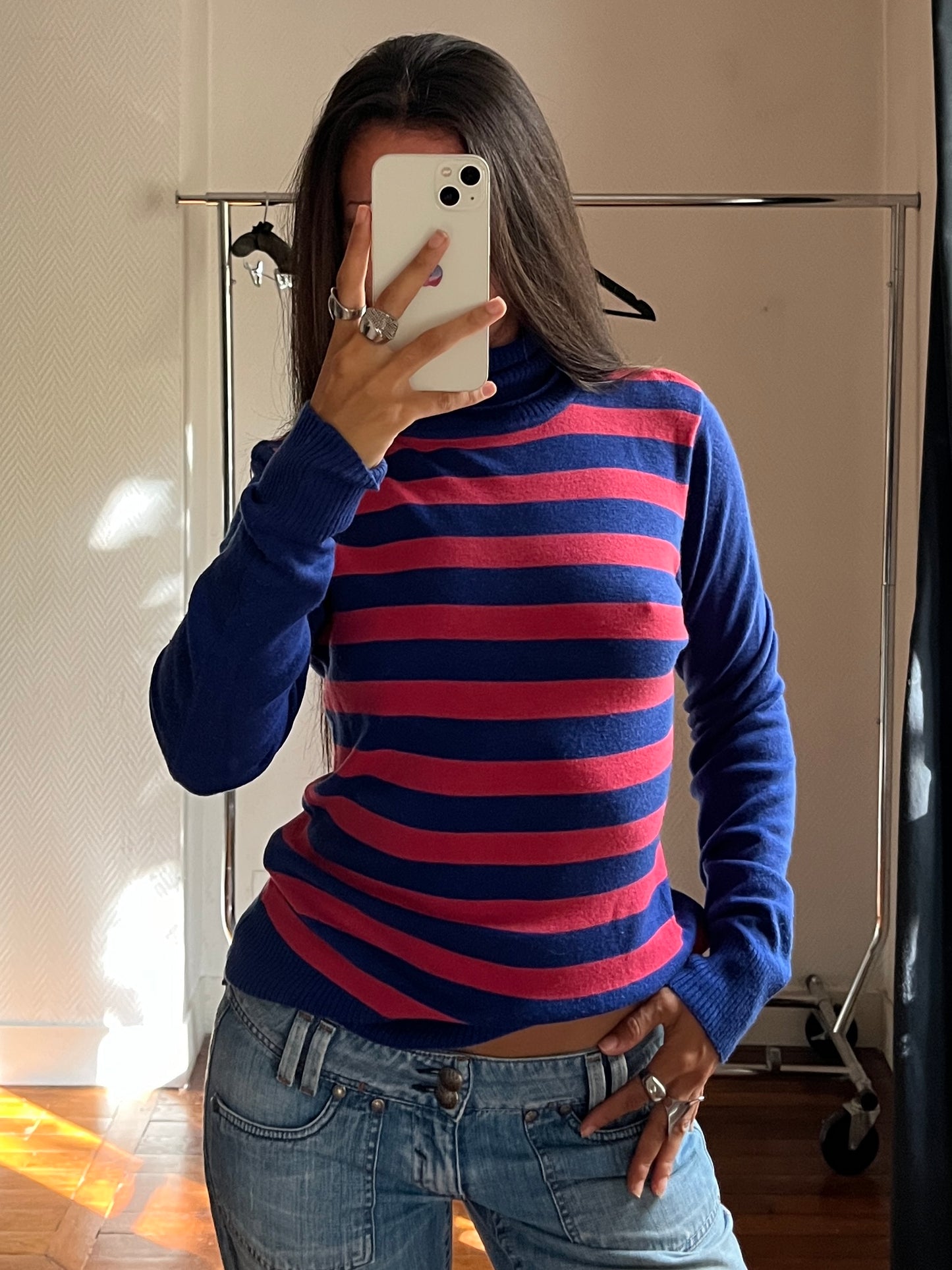 Vintage striped pink & blue turtle neck pull over