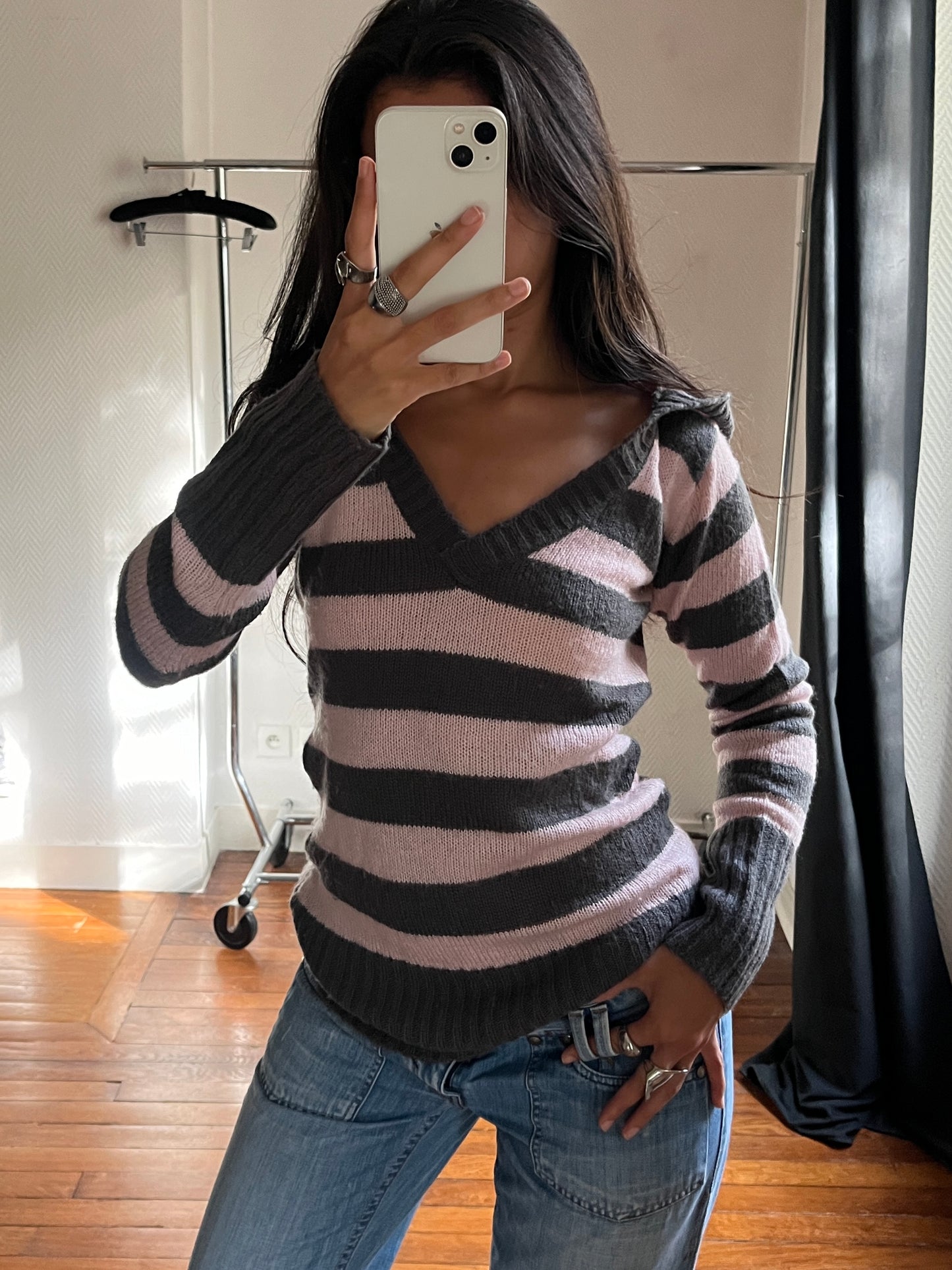 Vintage striped grey & pink hooded pull over