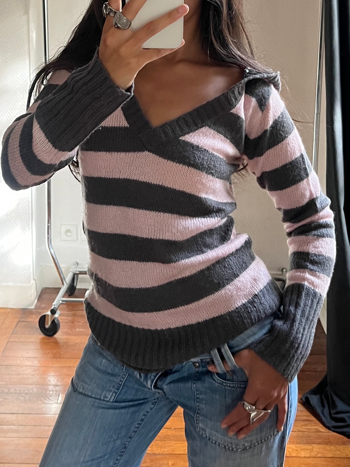 Vintage striped grey & pink hooded pull over