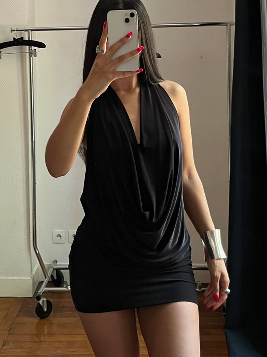 Vintage black halter draped dress