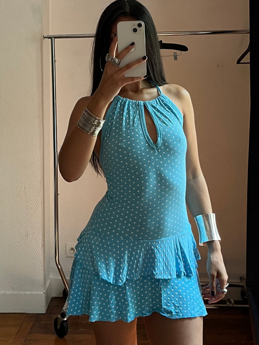 Vintage polka dot halter blue summer dress